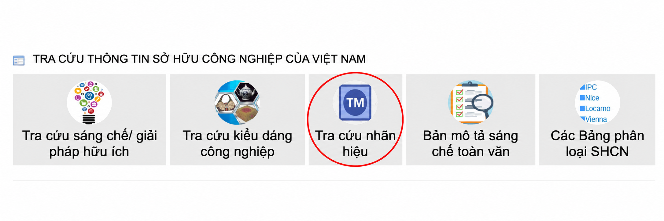 Màn hình Cổng thông tin Cục Sở hữu trí tuệ có mục Tra cứu nhãn hiệu